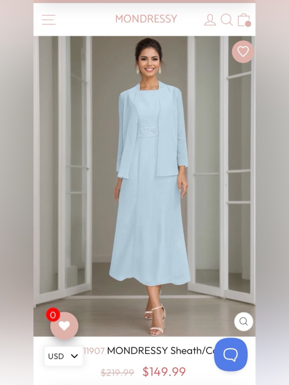 Sheath tea length mother of bride dress w/beading & jacket Sky Blue Size 16